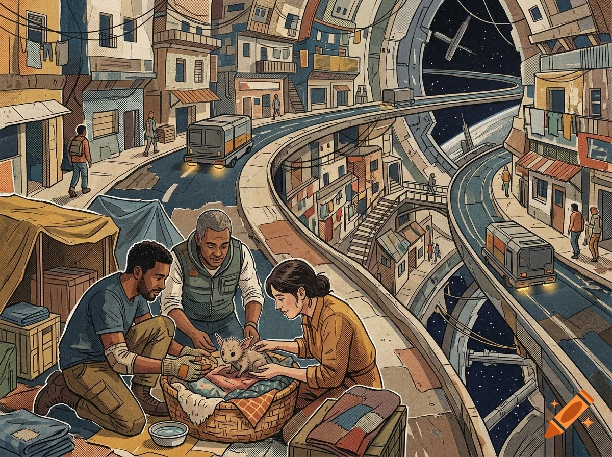 Three people tend to a small creature in a basket inside a futuristic cylindrical space colony with winding roads and buildings.