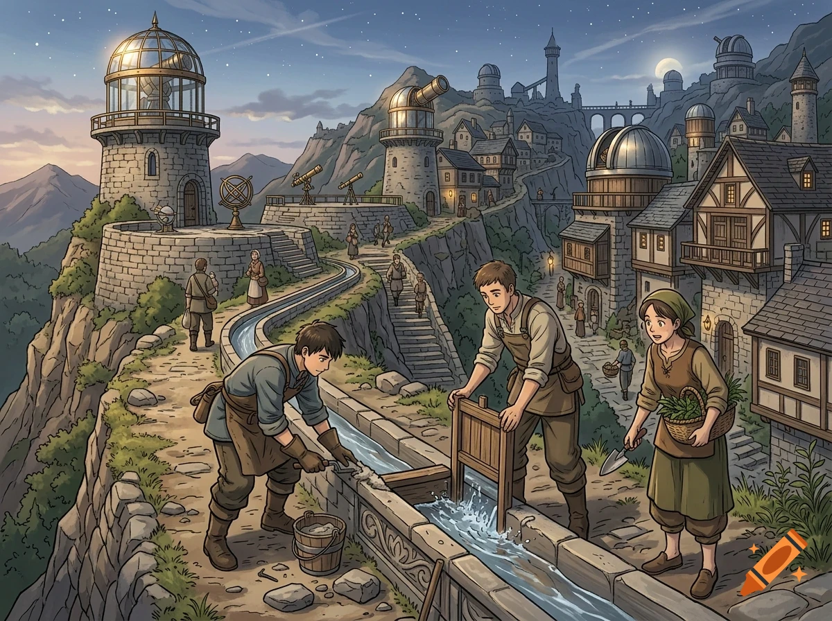 An illustrated scene of workers maintaining an aqueduct and pathways in a fantasy mountain town filled with observatories and telescopes.