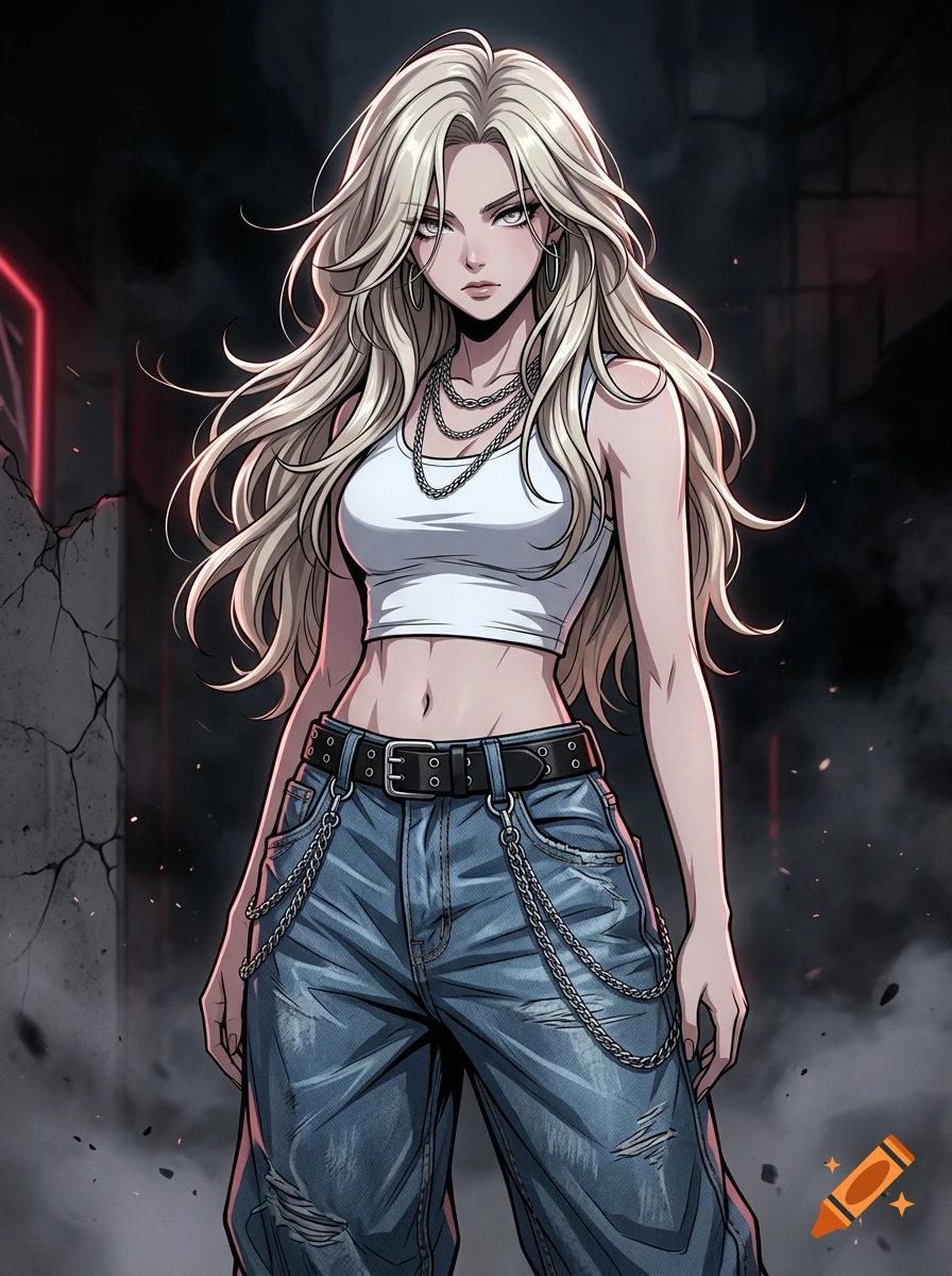 Anime-style digital illustration of a blonde woman in a white crop top and baggy jeans with chains, Y2K grunge aesthetic.