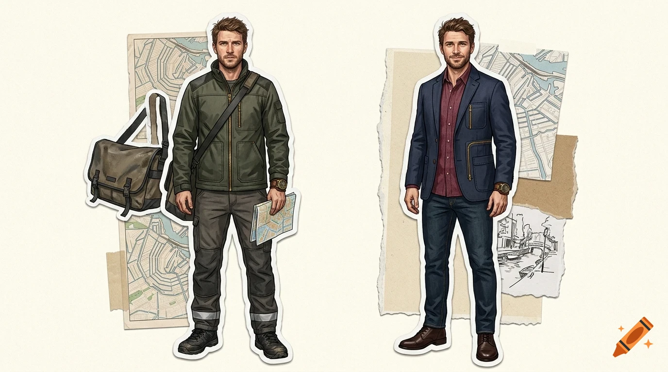 An illustration showing two full-body depictions of the same man in different outfits, accompanied by map fragments and a messenger bag against a neutral background.