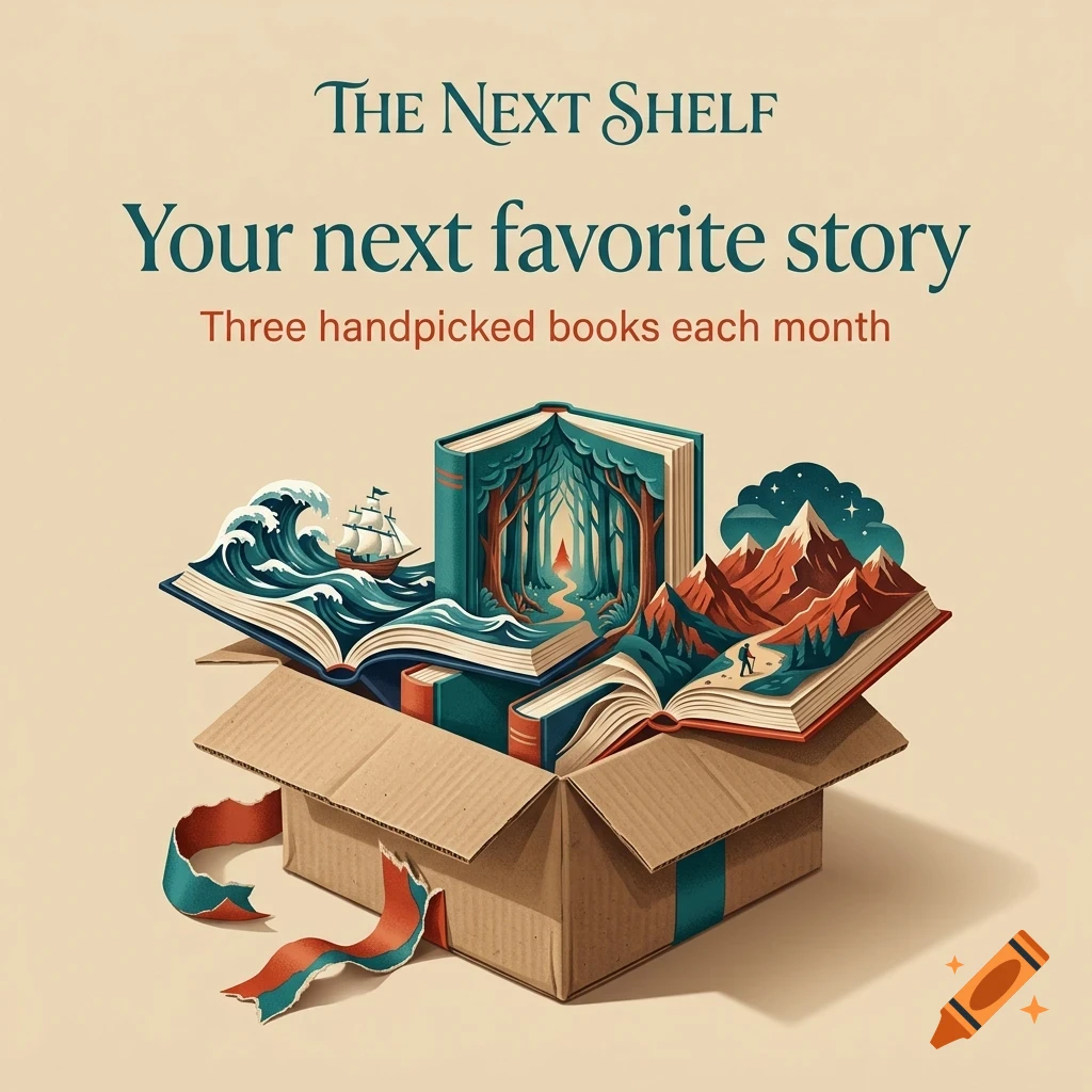 An open cardboard box containing books with pop-up scenes of a ship on waves, a forest, and mountains, with text reading The Next Shelf above.