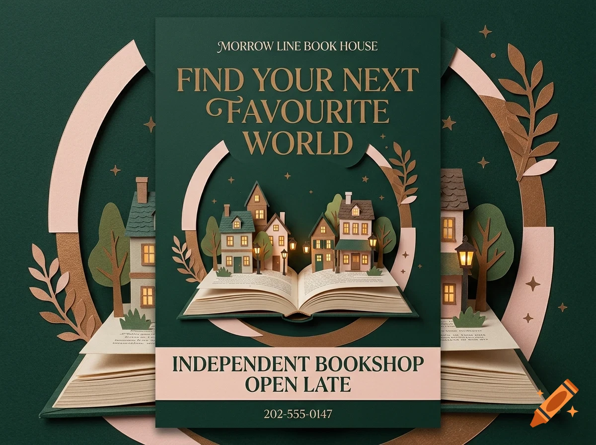 A poster design featuring an open pop-up book with miniature houses and trees rising from the pages, set against a dark green background with gold text reading Morrow Line Book House.