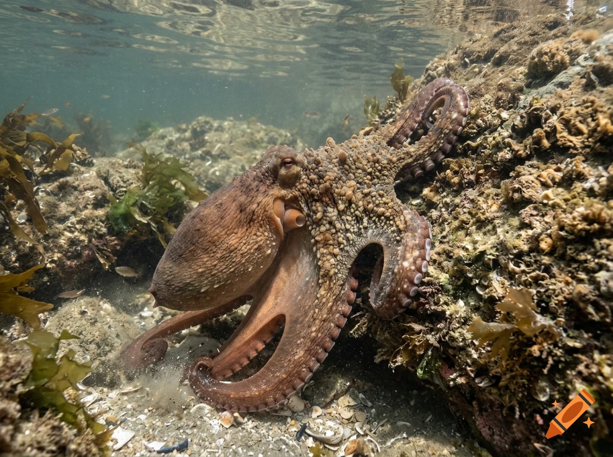 An octopus rests on a rocky seabed underwater.