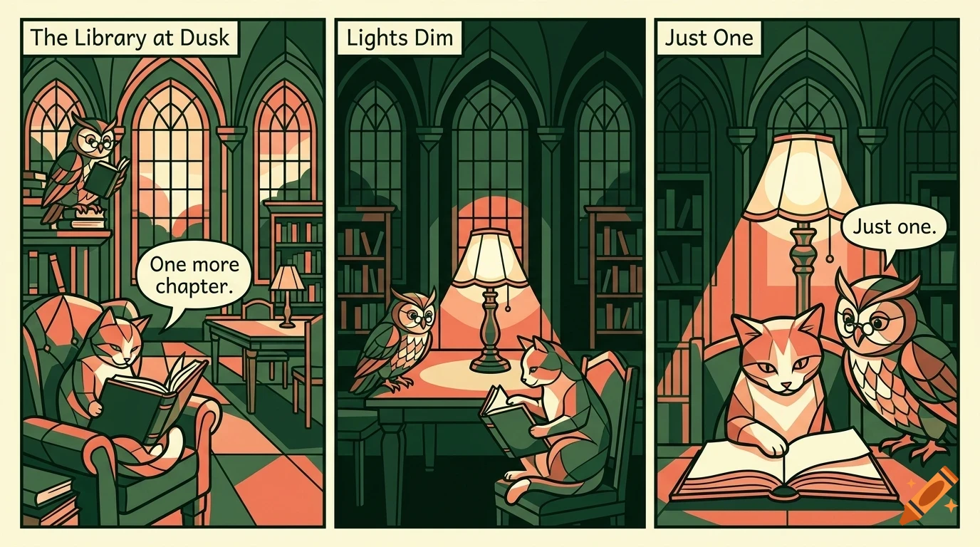 A three-panel comic illustration featuring a cat and an owl reading books in a dimly lit library.