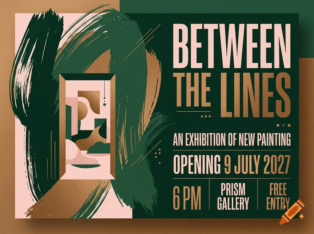 An art exhibition poster featuring bold brush strokes, an abstract doorway graphic, and the text Between the Lines.