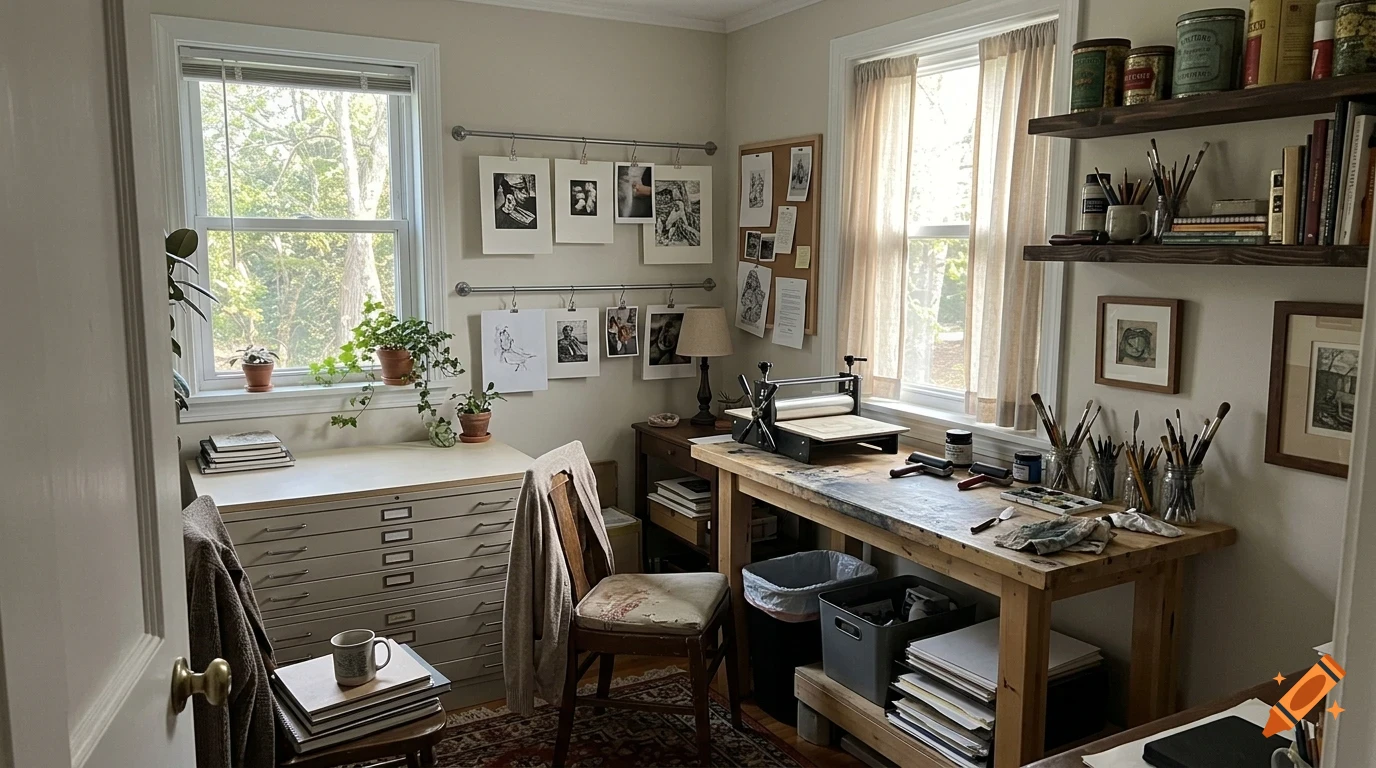 An artist's studio interior featuring a wooden workbench with art supplies, a printing press, shelves with books and jars, and artwork pinned to the walls.