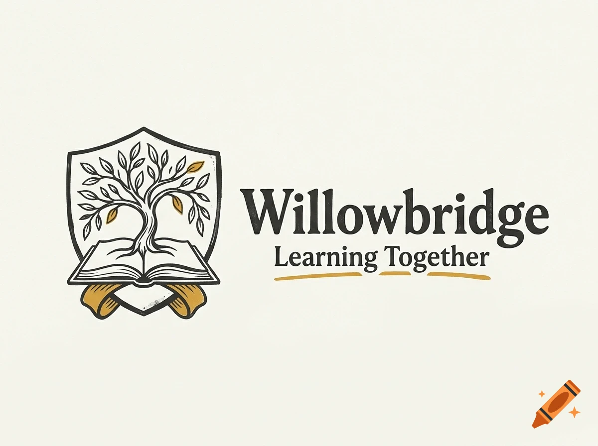 A logo featuring a shield enclosing an open book with a tree growing out of it, accompanied by the text "Willowbridge Learning Together".