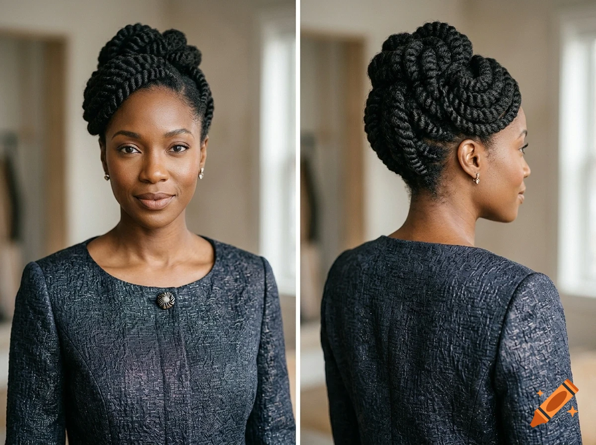 Front and back view of a woman with braided updo hairstyle wearing a dark textured jacket.