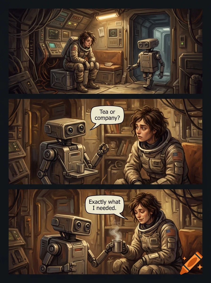 A three-panel comic strip showing an astronaut in a spaceship interior being offered a cup of tea by a small robot.