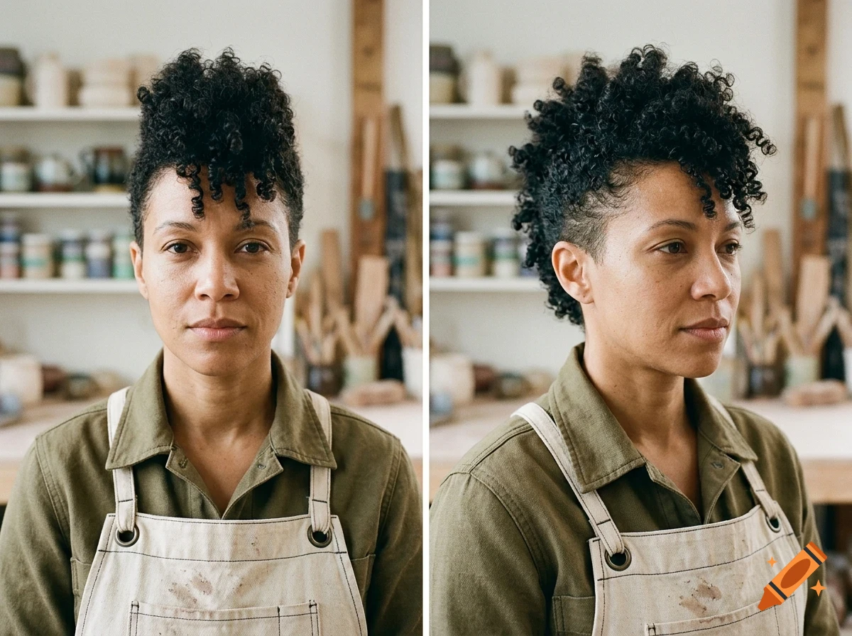 A person with short curly hair and an apron, shown from the front and profile.
