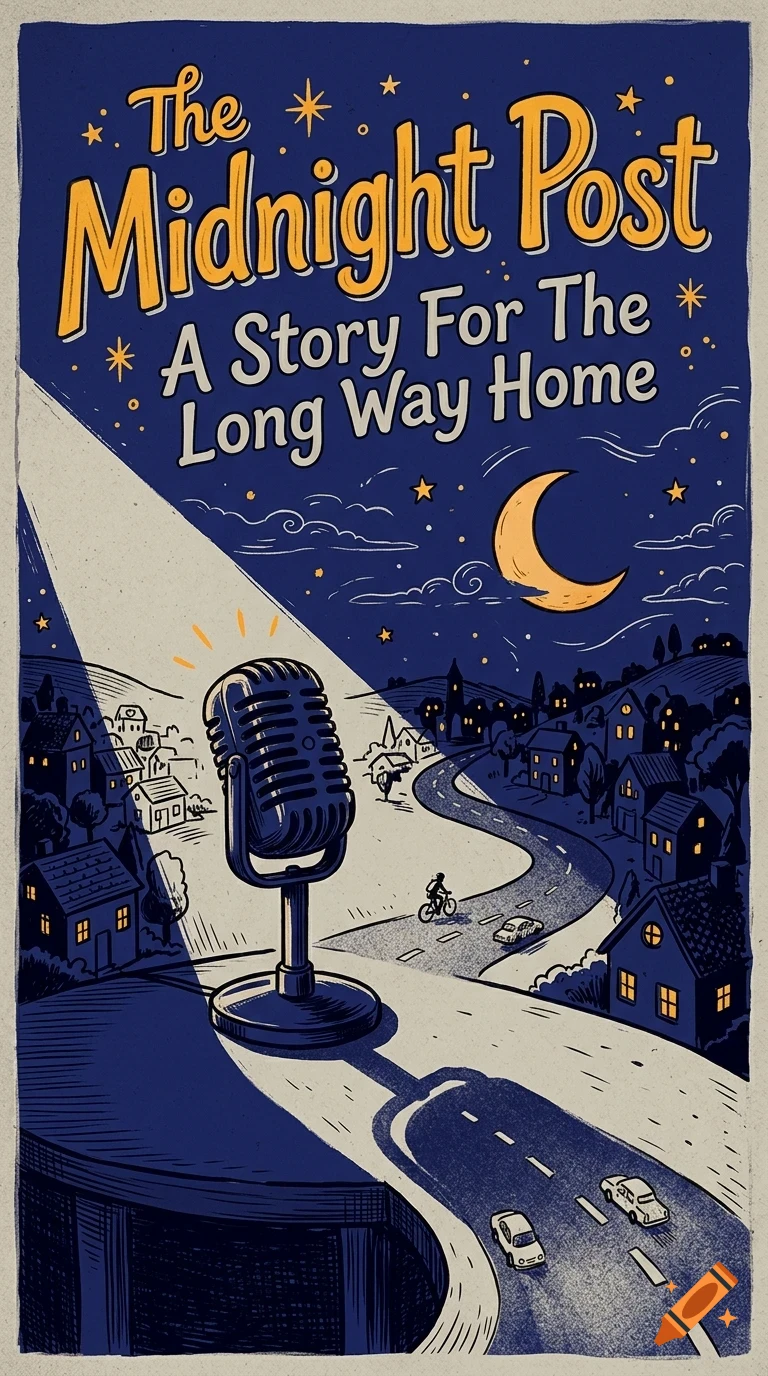 An illustrated poster for The Midnight Post featuring a vintage microphone under a spotlight, overlooking a nighttime landscape with a winding road, houses, and a crescent moon.