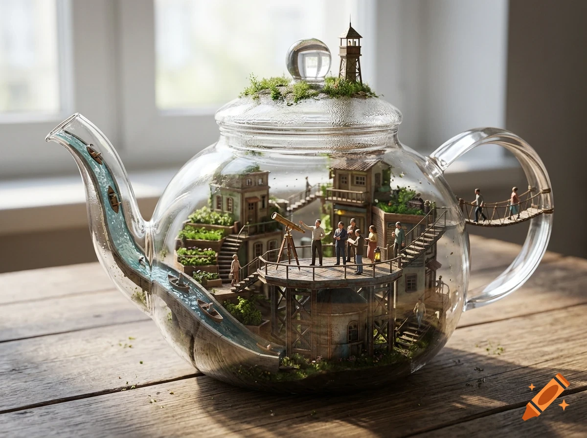 A miniature town built inside a clear glass teapot on a wooden table.