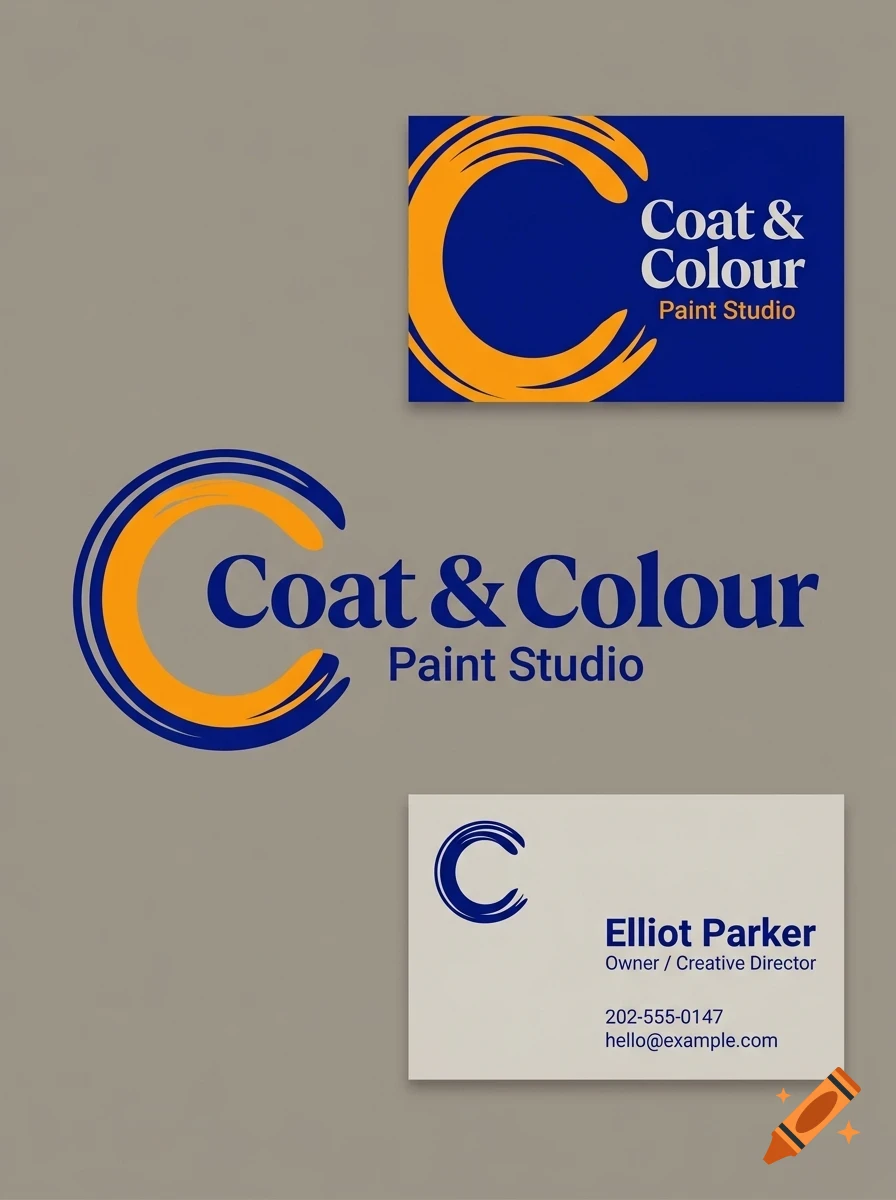 Branding design layout featuring the text Coat & Colour Paint Studio and a large letter C logo with brushstroke details on business cards.