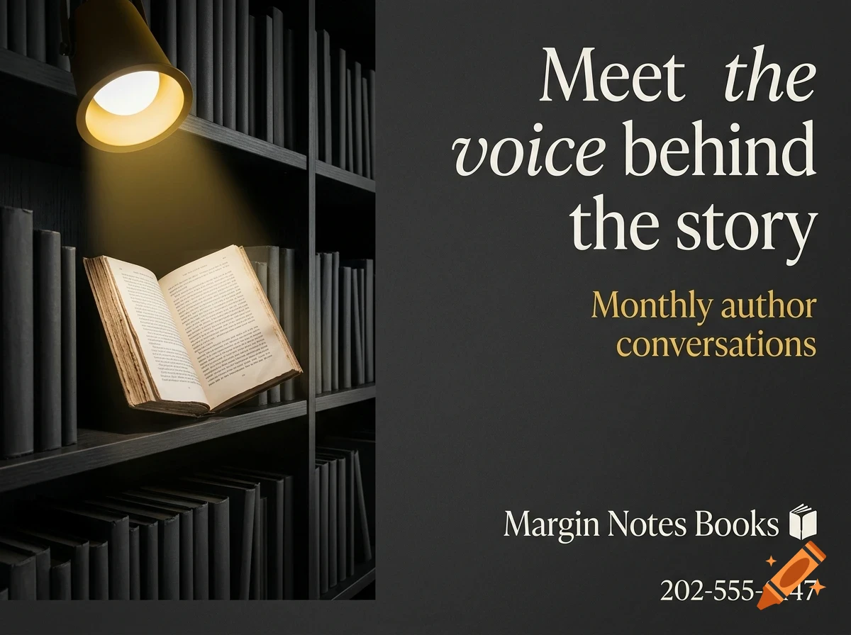 An open book illuminated by a desk lamp on a bookshelf, accompanied by promotional text for author conversations.