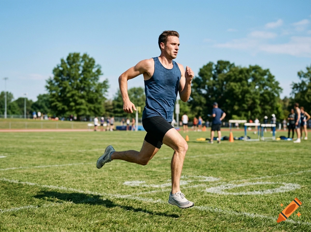 A man in a blue tank top and black shorts running on a grassy sports field under a blue sky, photorealistic style.
