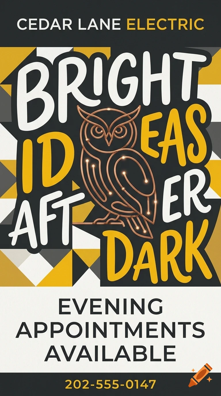 An advertisement for Cedar Lane Electric featuring an owl graphic, geometric background patterns, and the text Bright ideas after dark.