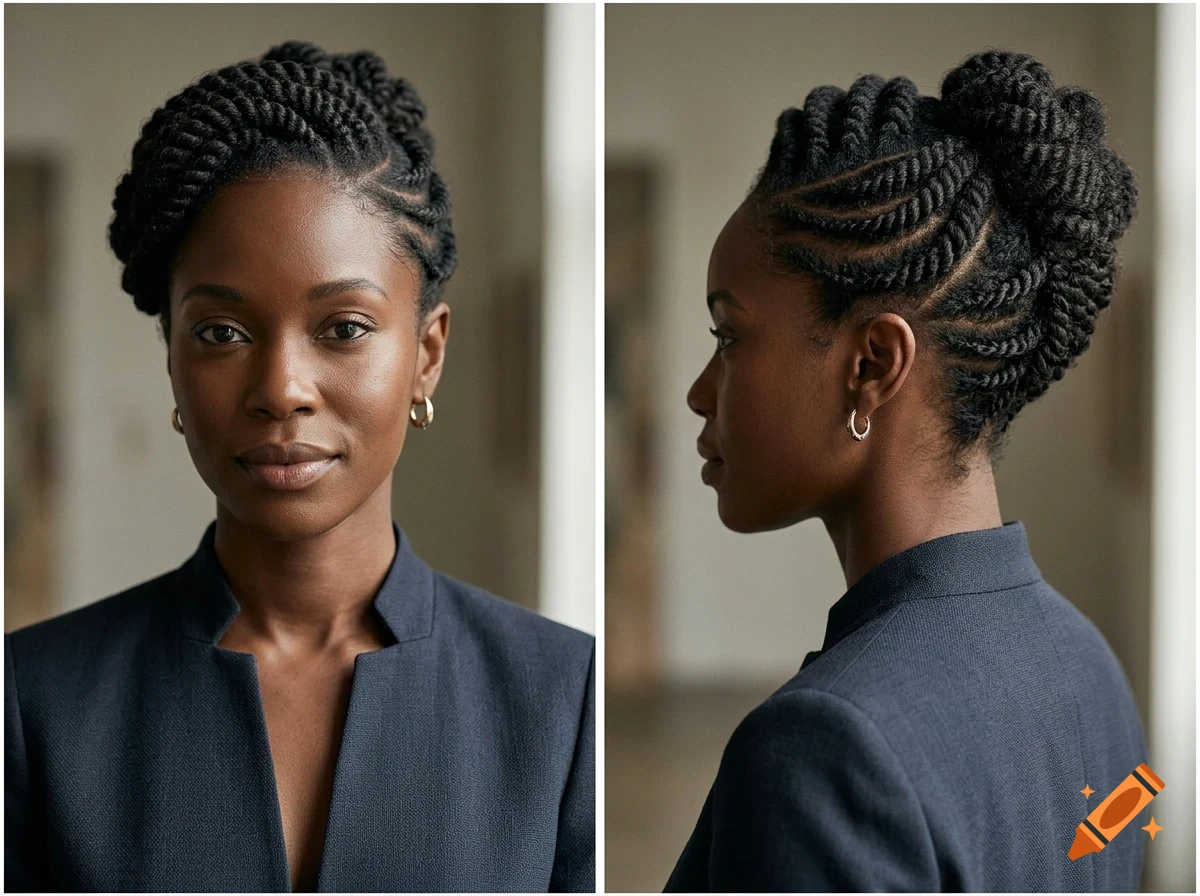 A close-up portrait showing the front and side views of a woman with braided hair styled in an updo, wearing a blue jacket.