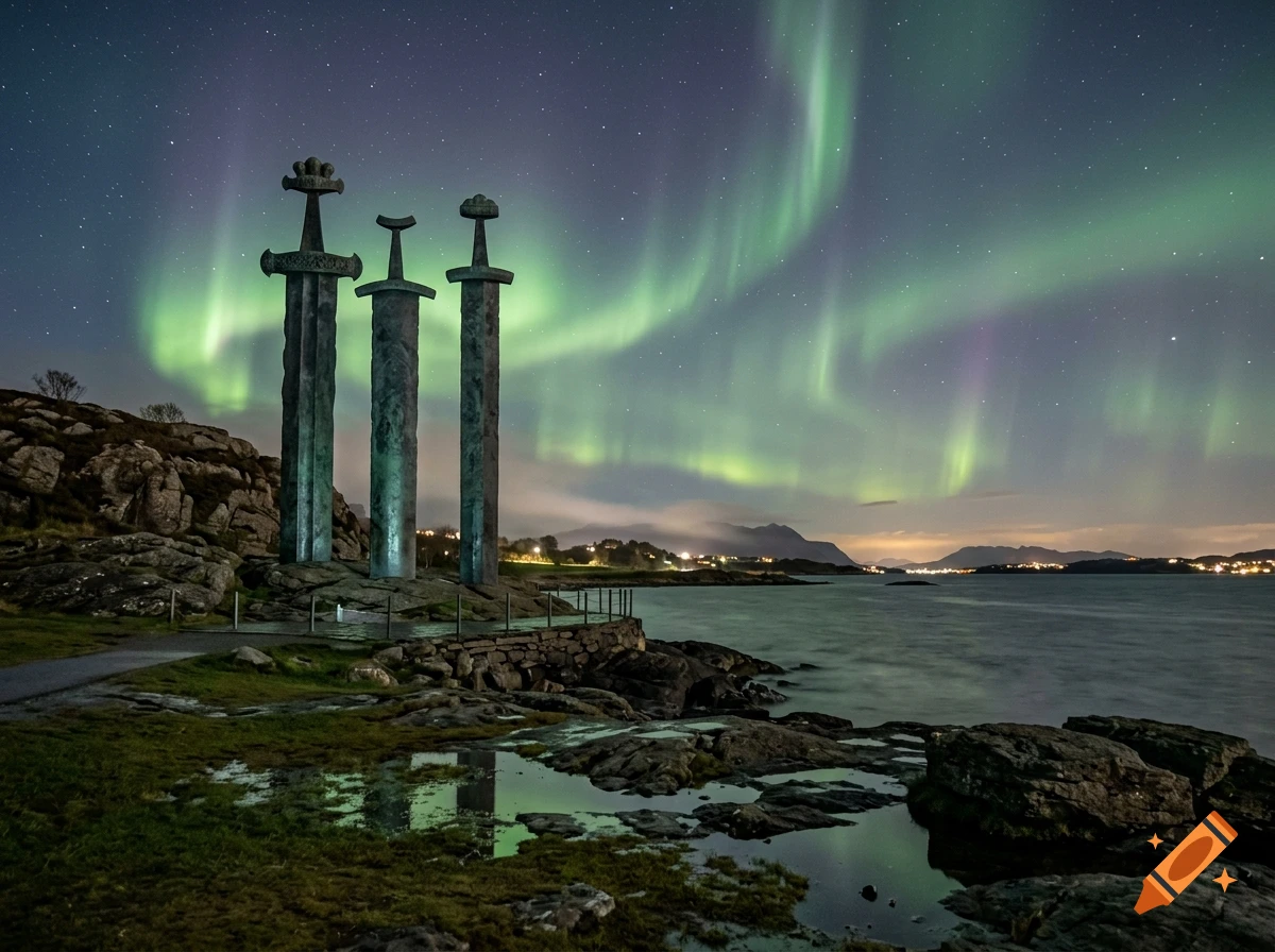 Photograph of the Sverd i fjell swords monument in Norway under a green aurora borealis night sky.