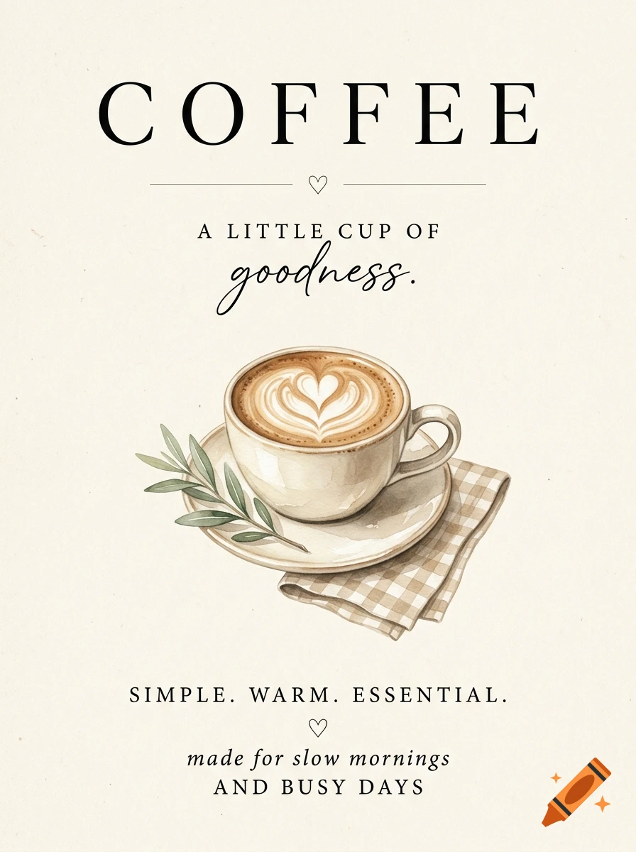 Minimalist coffee-themed watercolor poster with a cappuccino cup, botanical elements, and elegant typography.
