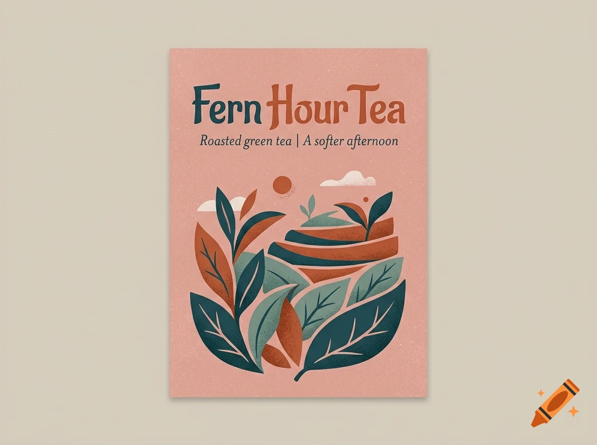 A poster design with the text Fern Hour Tea, featuring a stylized illustration of tiered green tea plants in shades of green and rust on a pink background.