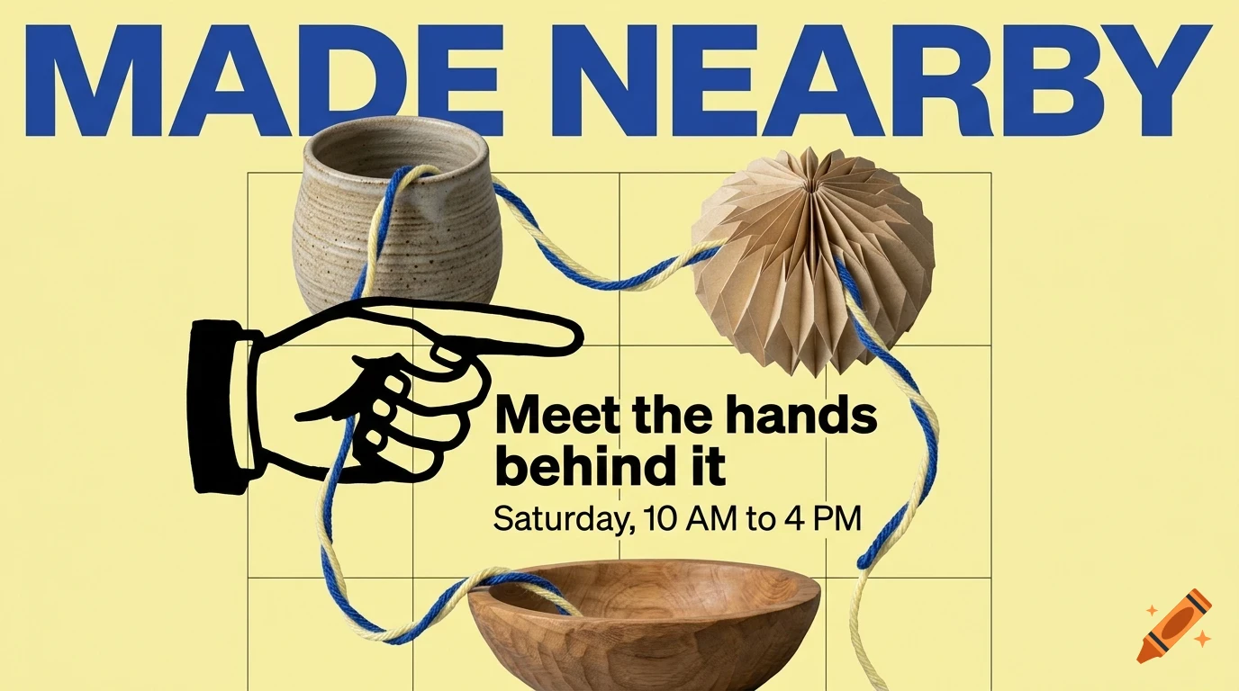 A poster with the text 'MADE NEARBY' featuring a mug, a bowl, a folded paper sphere, a pointing hand illustration, and yarn.