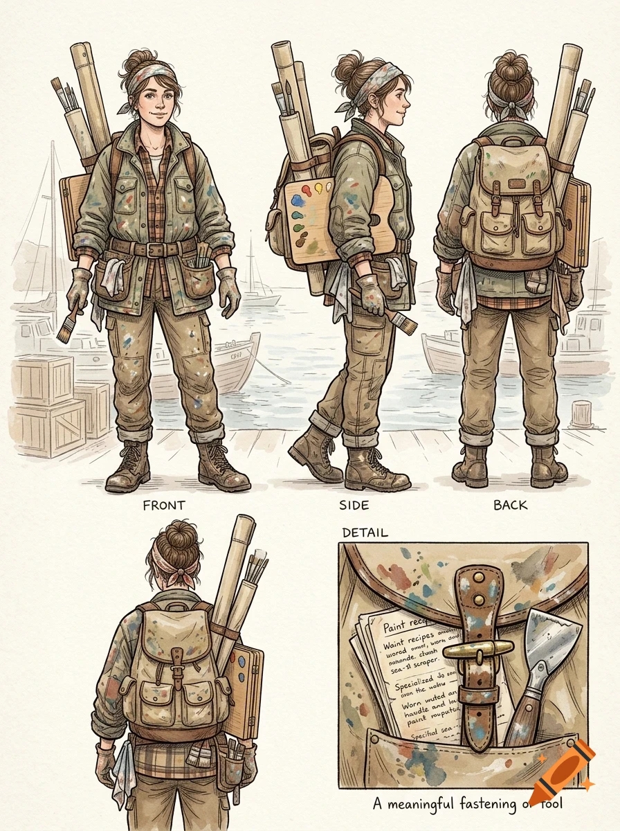 Character design sheet showing front, side, and back views of a female artist with a backpack, palette, and art supplies, plus a detail view.