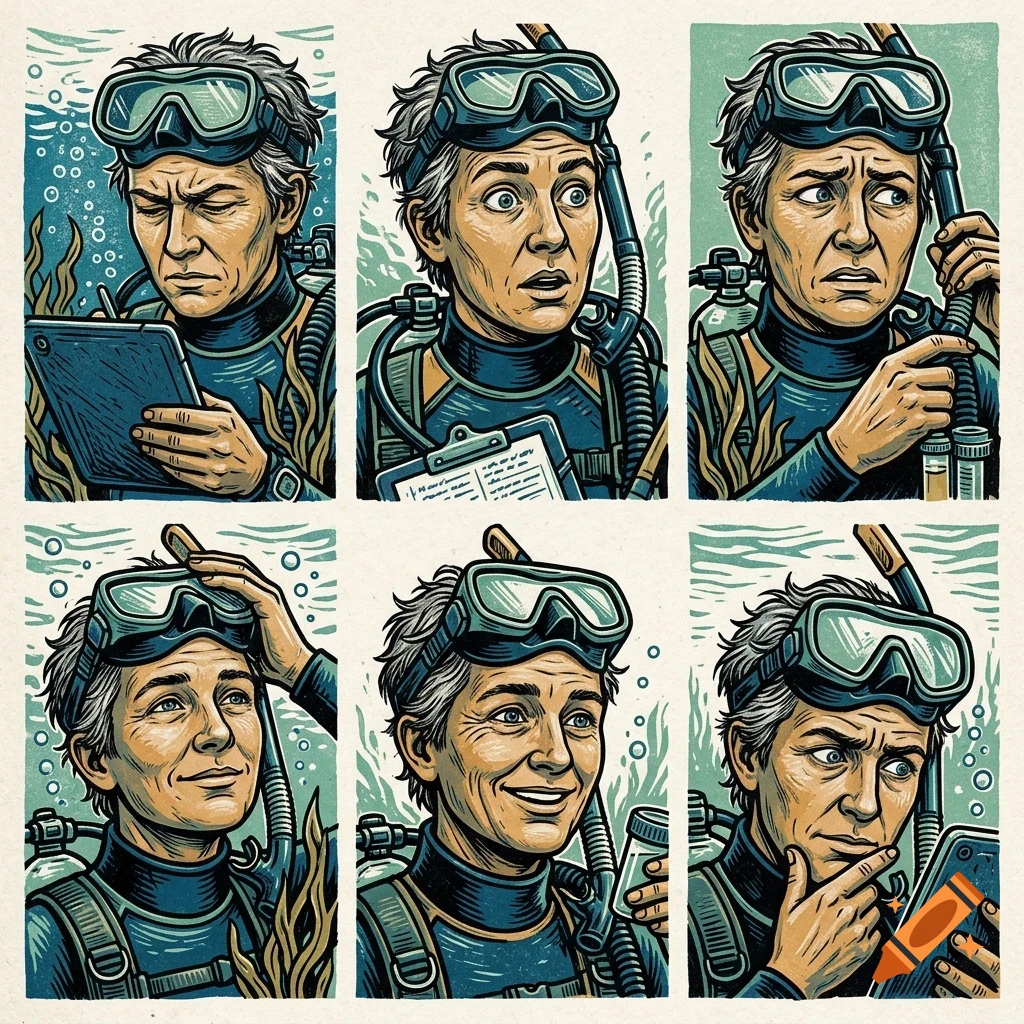 A six-panel comic strip showing a diver underwater with various expressions and actions.