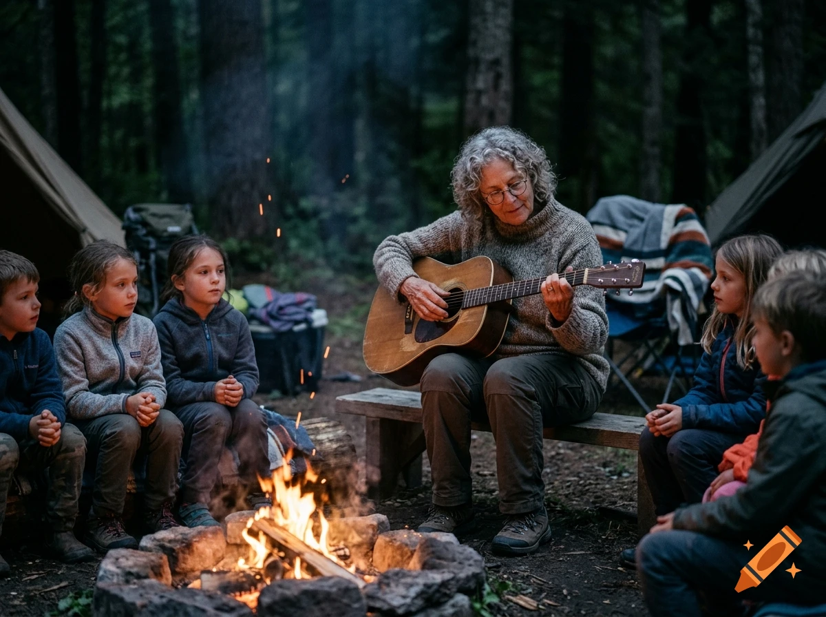 Photorealistic image of an older woman with curly hair and glasses playing an acoustic guitar by a campfire, surrounded by children in a forest.