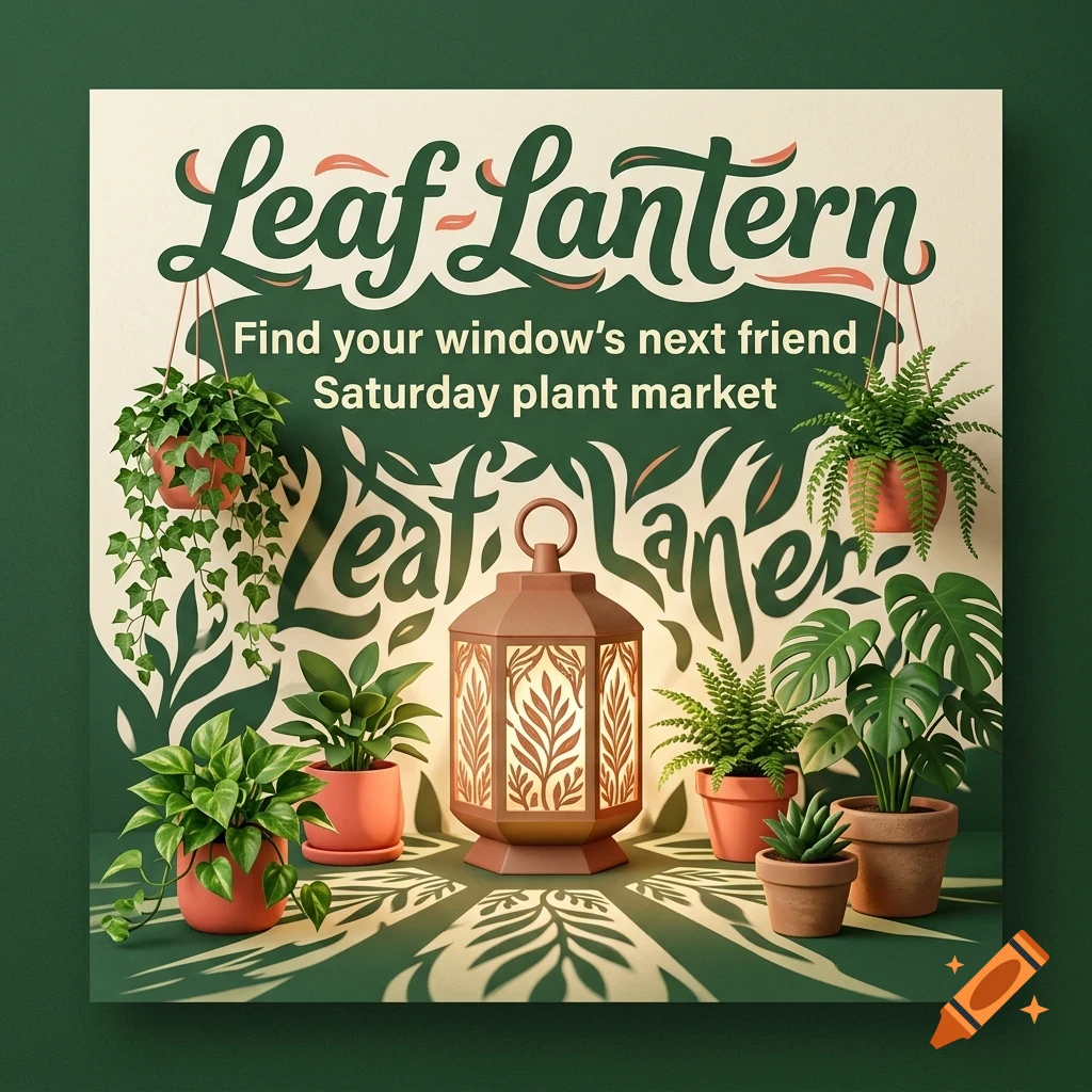 An advertisement for a plant market featuring potted plants and a glowing decorative lantern.