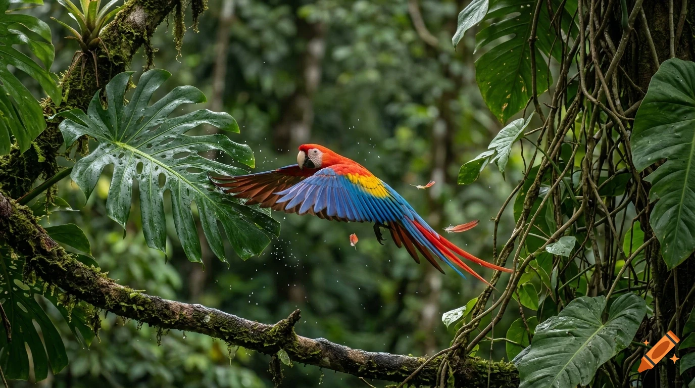 A colorful macaw flies through a lush green jungle, surrounded by large leaves and splashing water.