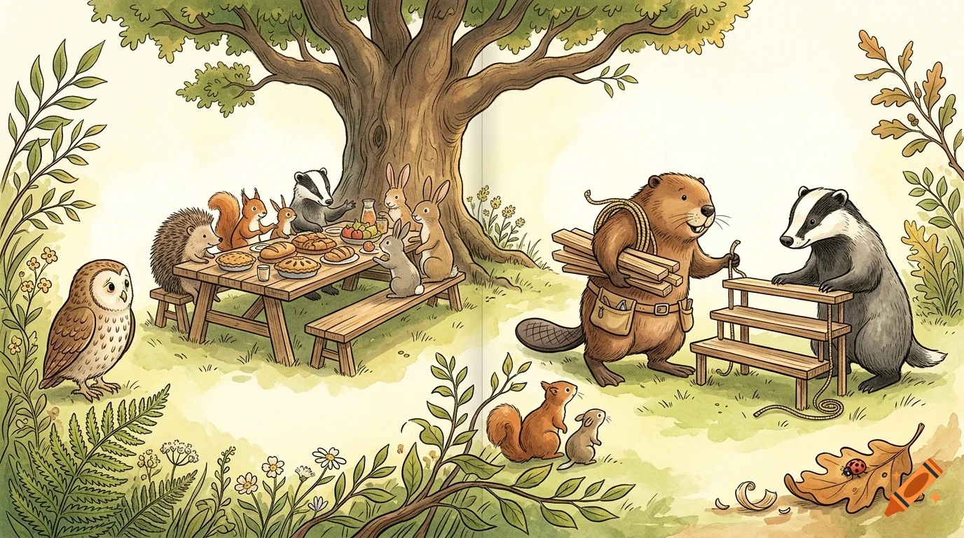 An illustrated watercolor scene showing anthropomorphic animals including a beaver, badger, owl, hedgehog, and squirrels gathering near a large tree.