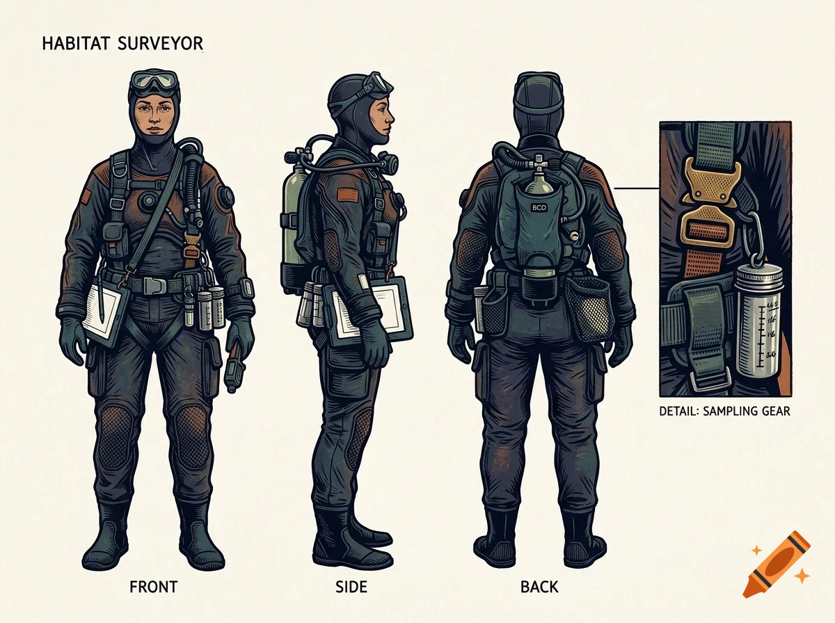 Character design sheet showing front, side, and back views of a habitat surveyor in a diving suit, with a detail inset of sampling gear.