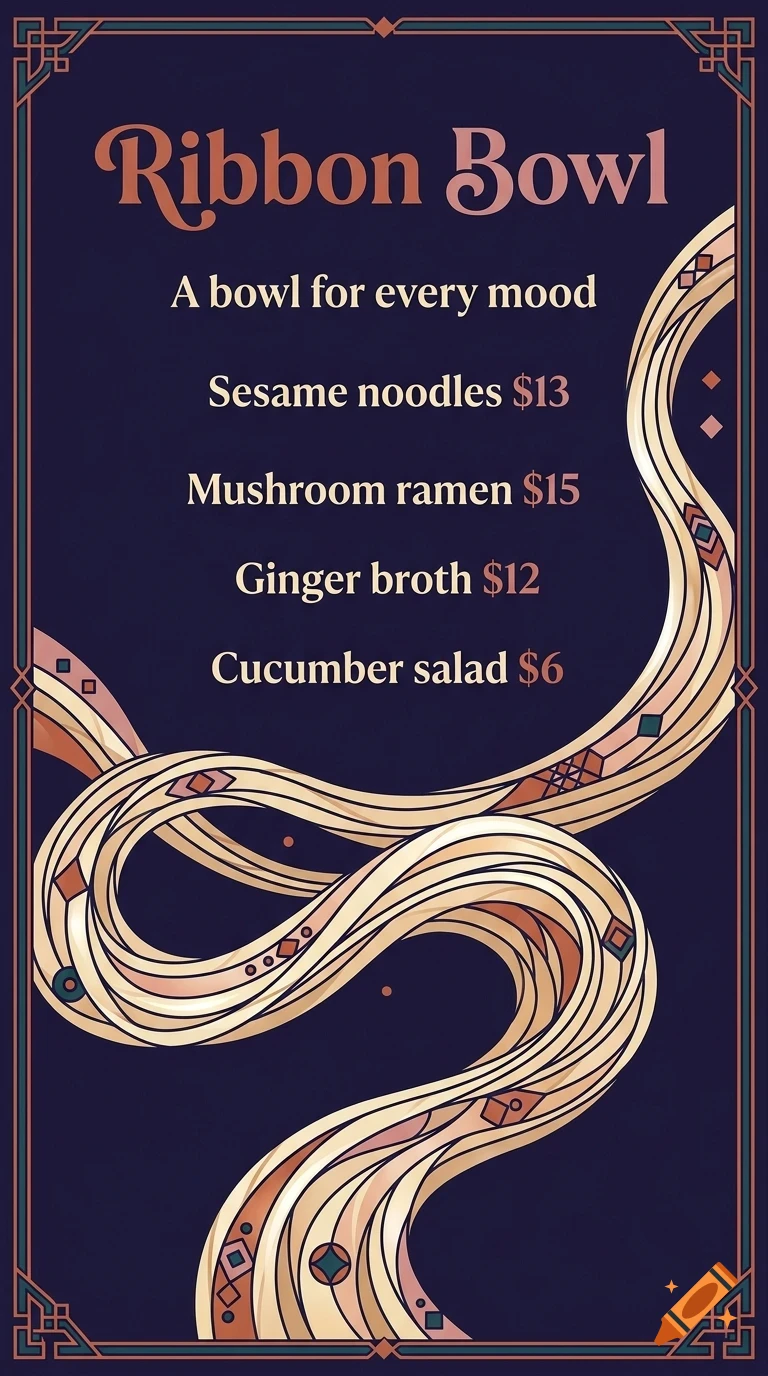 An ornate menu for Ribbon Bowl featuring noodle dishes and prices, decorated with a stylized ribbon and borders.
