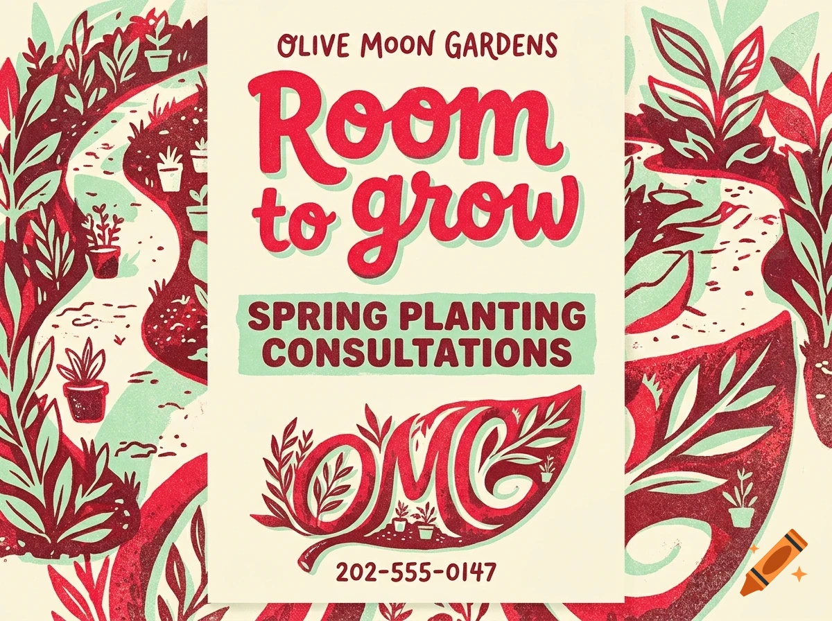 An illustrated flyer for Olive Moon Gardens with the text Room to grow and Spring planting consultations.