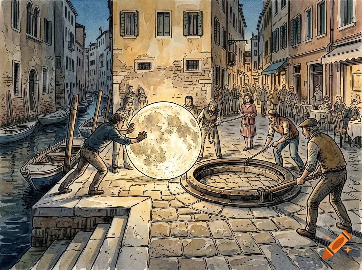 Watercolor illustration of people in a European canal street working together to push a large, glowing moon into a well or opening in the pavement.