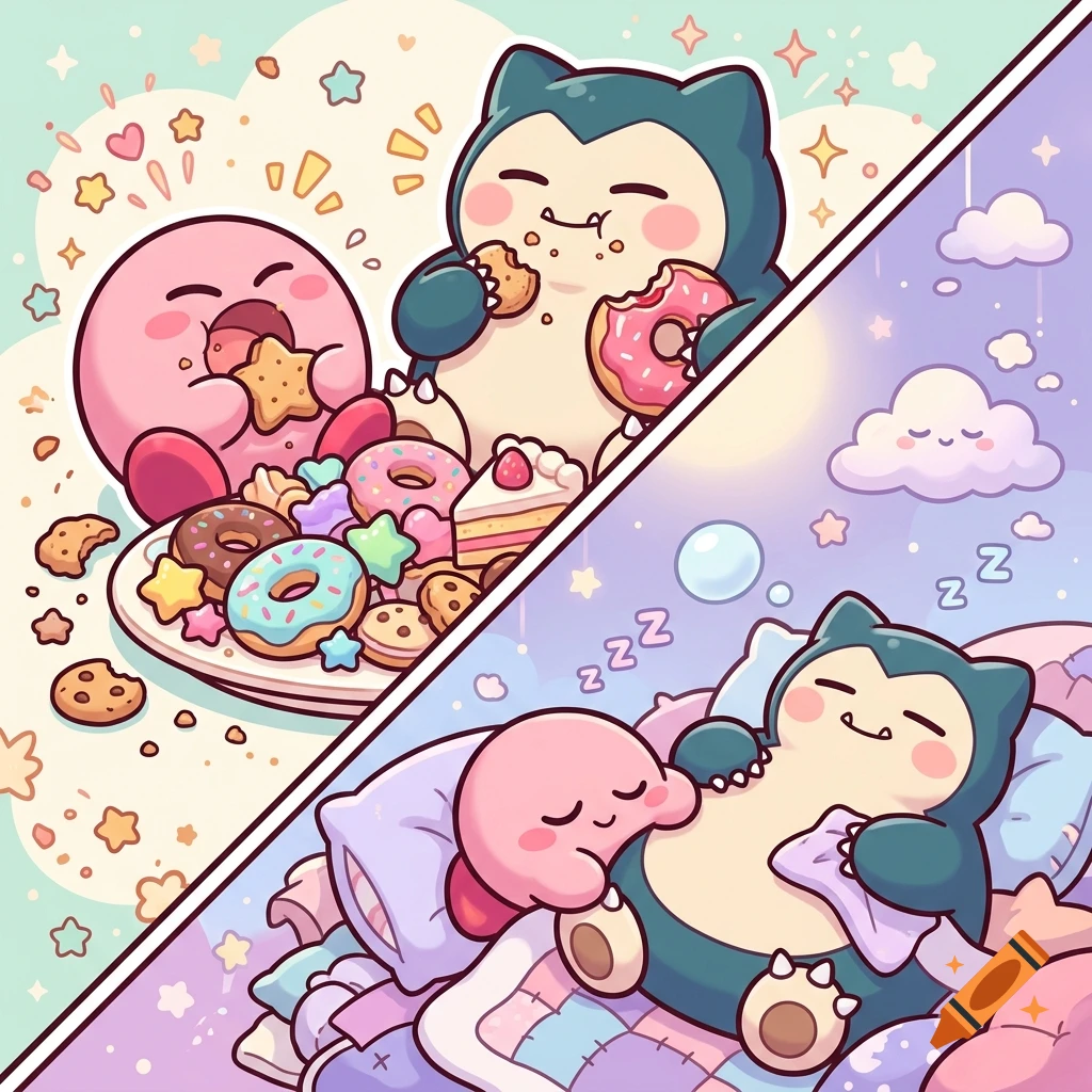 Chibi-style illustration of Kirby and Snorlax eating sweets and sleeping peacefully, split diagonally.