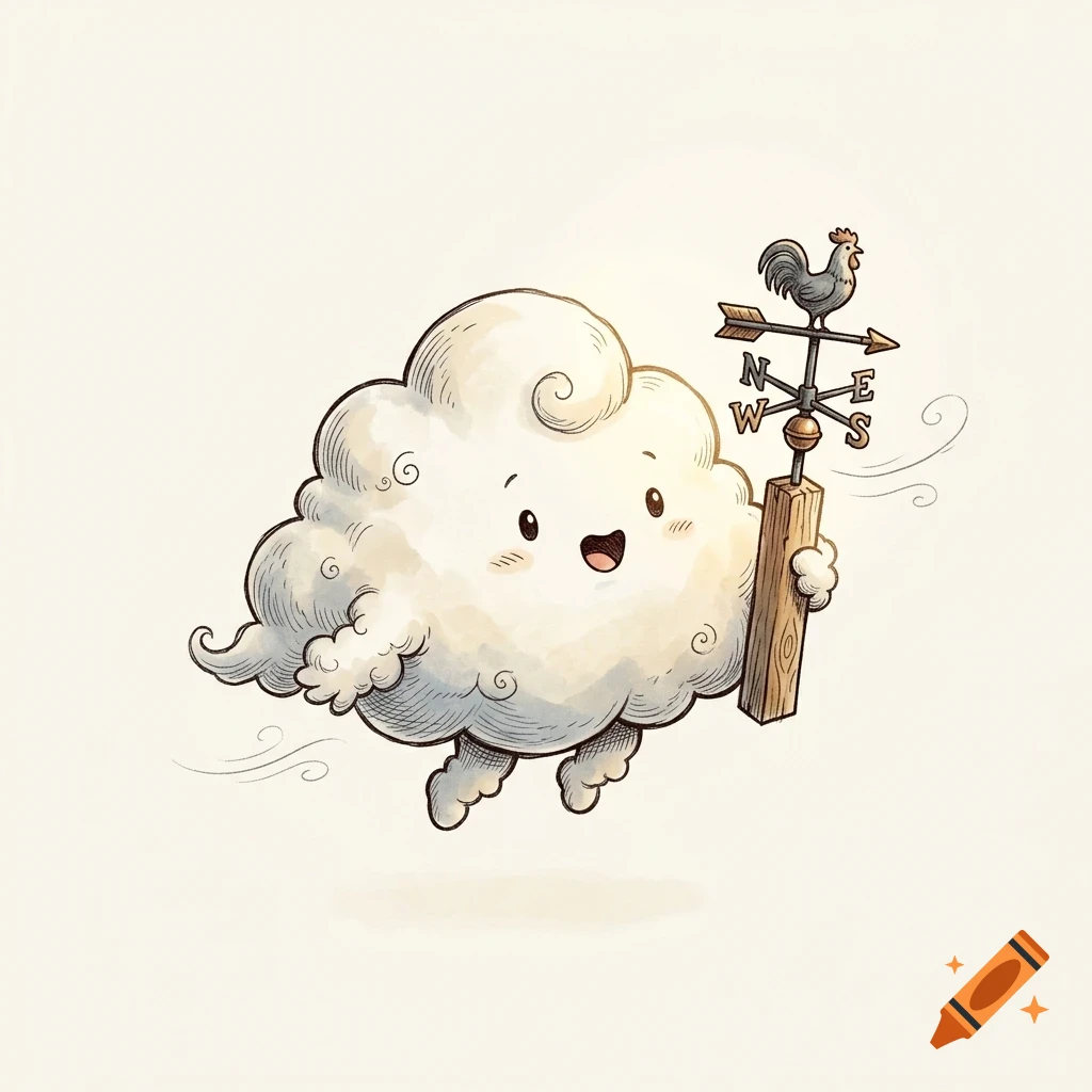 An illustrated cute, smiling cloud character holding a weather vane with a rooster on top.