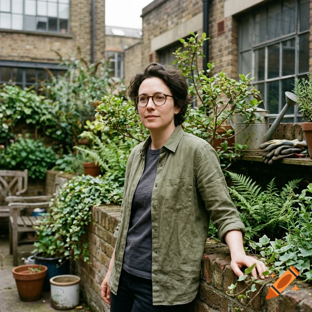 A woman wearing glasses and an olive green shirt stands in a lush brick courtyard surrounded by potted plants.