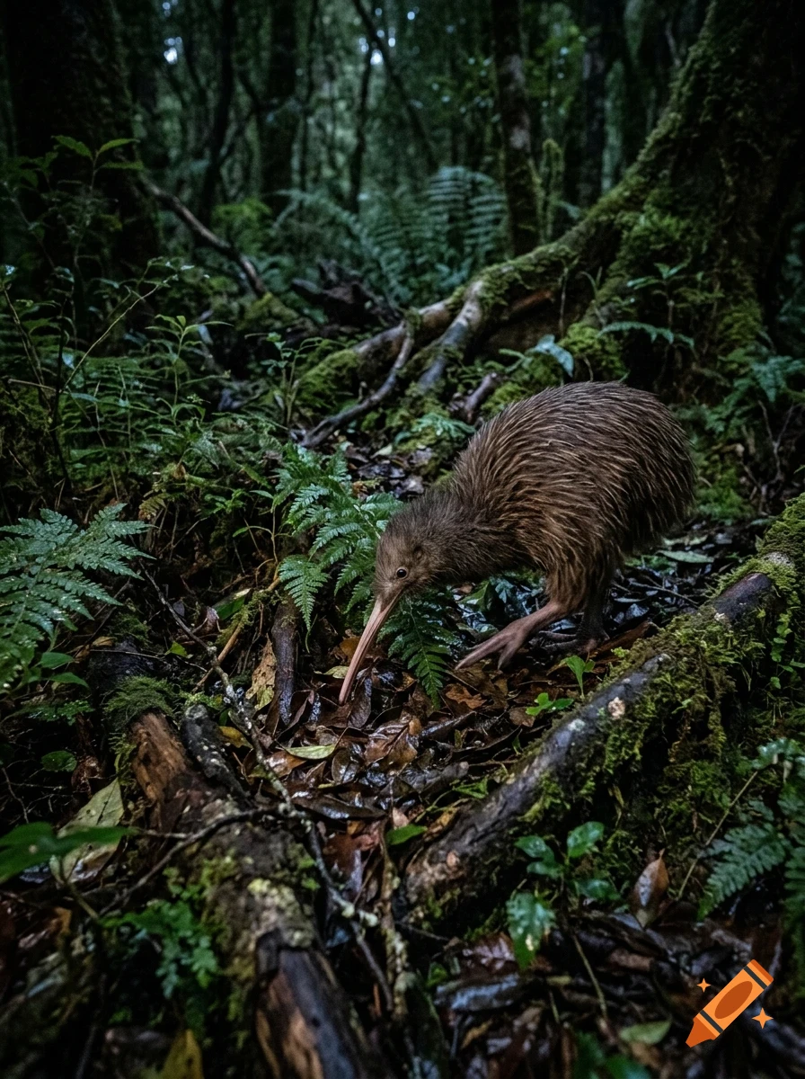 A kiwi bird foraging in a lush, mossy forest floor among ferns and fallen branches.