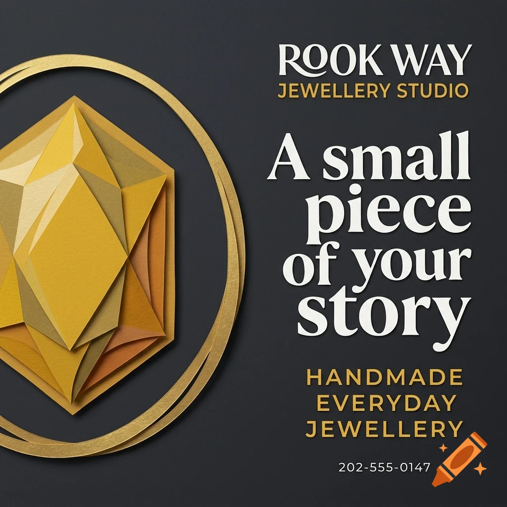 An advertisement for Rook Way Jewellery Studio with a stylized golden gem graphic and text reading A small piece of your story.