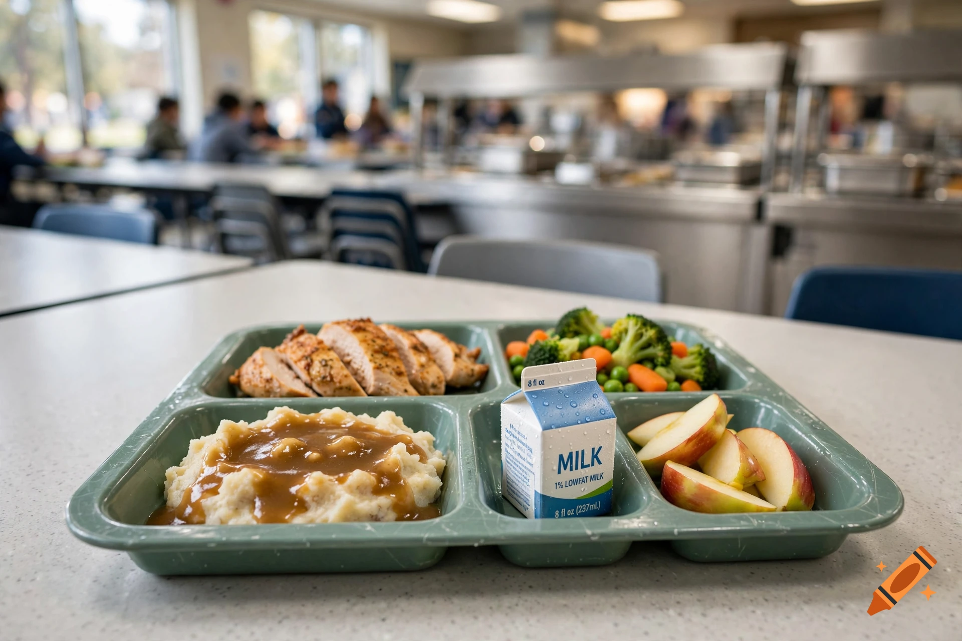 Photorealistic image of a school lunch tray featuring sliced chicken, mashed potatoes with gravy, mixed vegetables, apple slices, and a carton of lowfat milk.