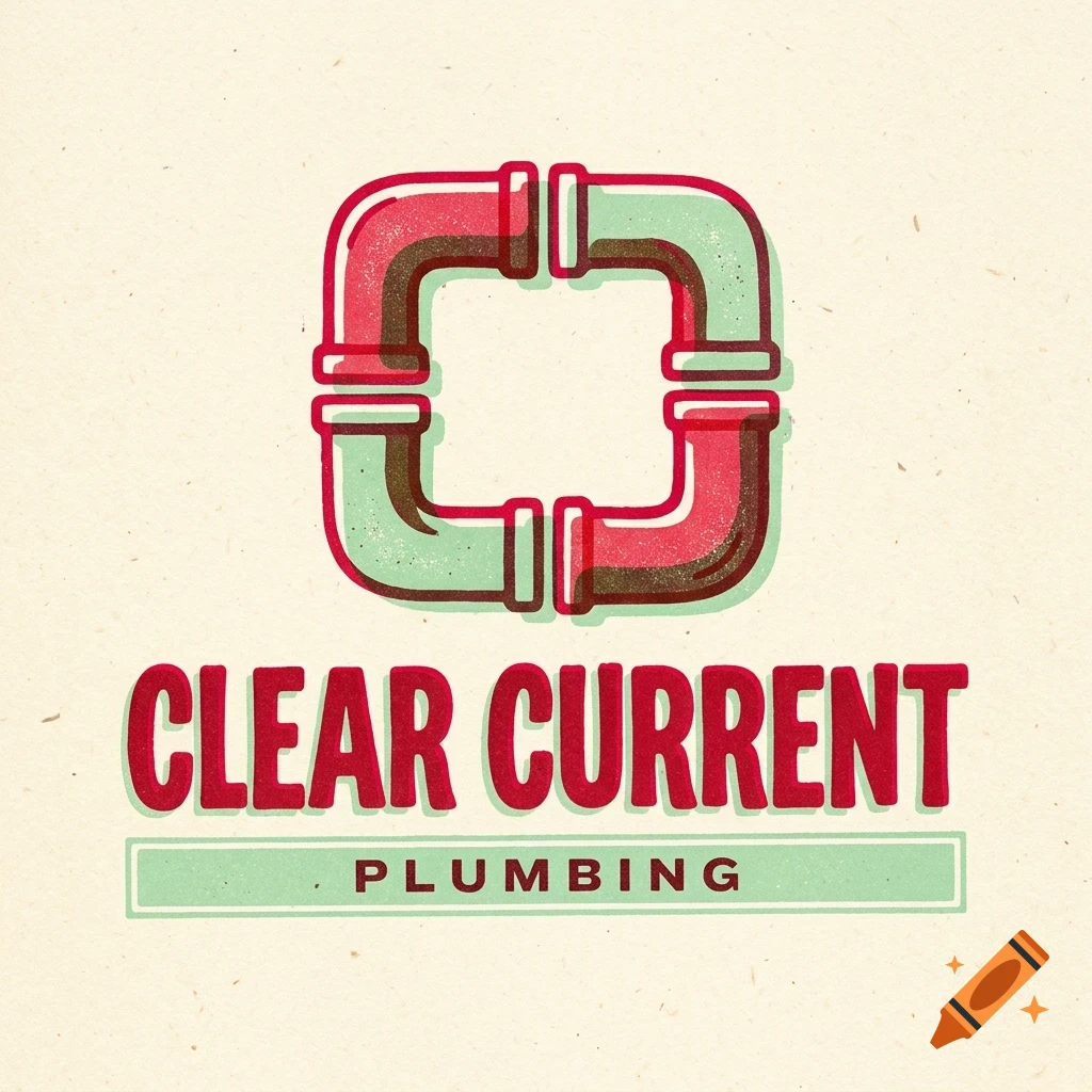 A logo design with red and green connected pipes forming a square, above the text Clear Current Plumbing.