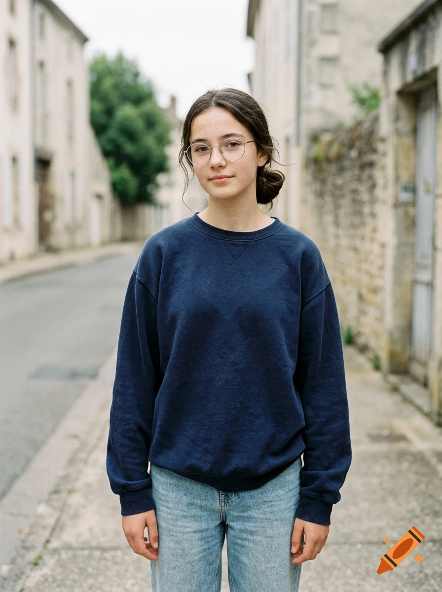 Photorealistic portrait of a young European woman with round glasses and a navy blue sweatshirt standing on a street.