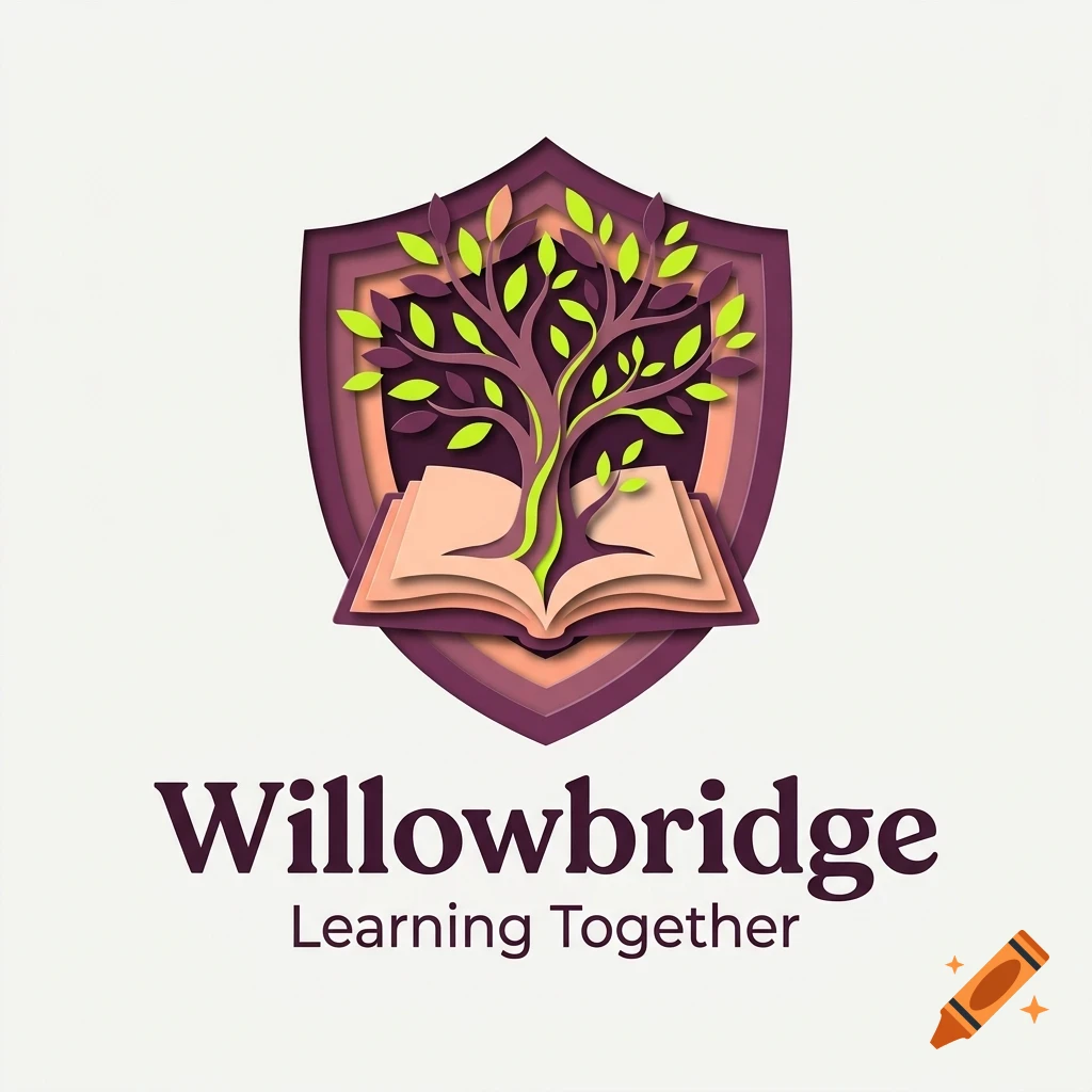 A logo featuring an open book with a tree growing out of it, framed by a layered shield and the text Willowbridge Learning Together.