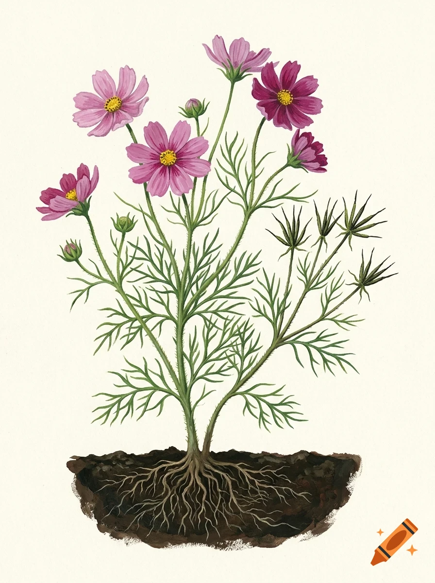 Botanical illustration of a cosmos plant with pink and purple flowers, green foliage, and visible roots in soil.