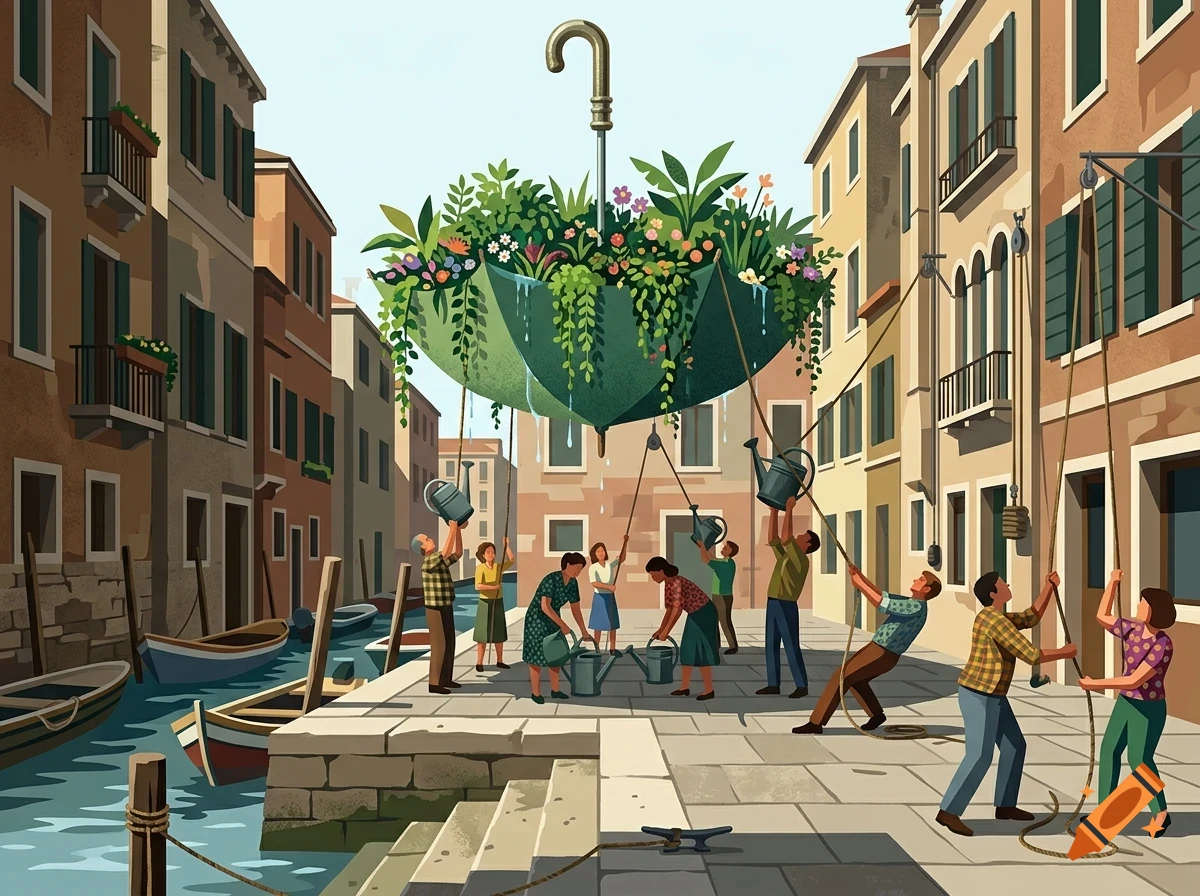 Illustration of people in a canal street working together to hoist a giant upside-down umbrella filled with plants and flowers.