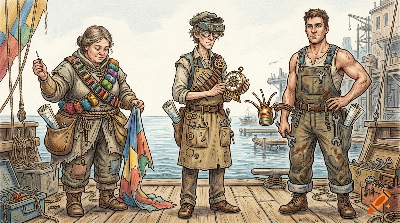 Watercolor illustration of three workers on a wooden pier by the sea, including a seamstress holding fabric, a clockmaker with gears, and a mechanic with tools.