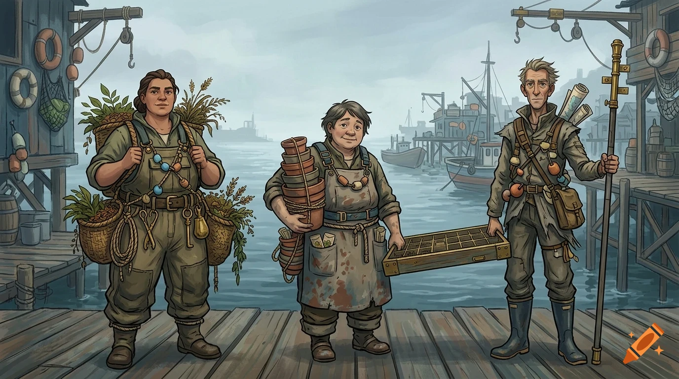 Three people in work clothes stand on a wooden dock with boats and buildings in the background.