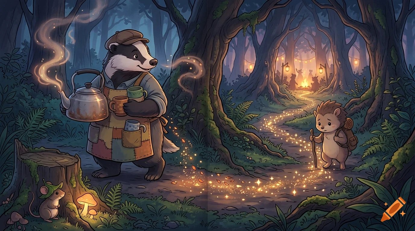 An anthropomorphic badger in an apron holds a steaming kettle and mugs in an enchanted forest, while a small hedgehog travels down a glowing path toward a campfire.