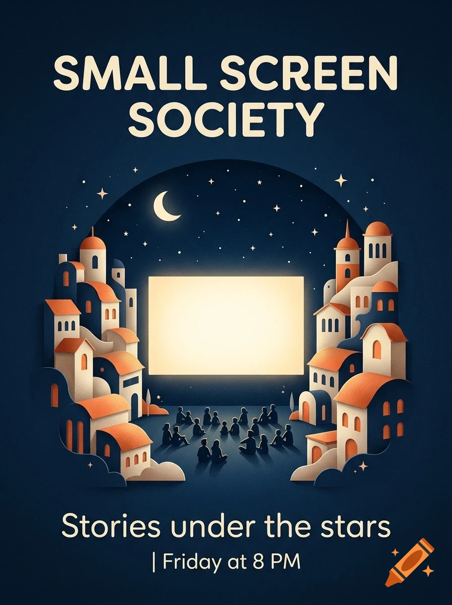 An illustration poster for Small Screen Society showing a crowd watching a large screen outdoors surrounded by buildings under a starry night sky.